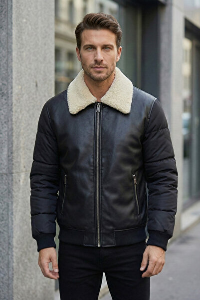 MOVENTO Men's Leather Coat with Puff Sleeve Detail