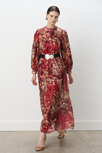 Nihan Kemer Detaylı Jakar Empirme Elbise Bordo