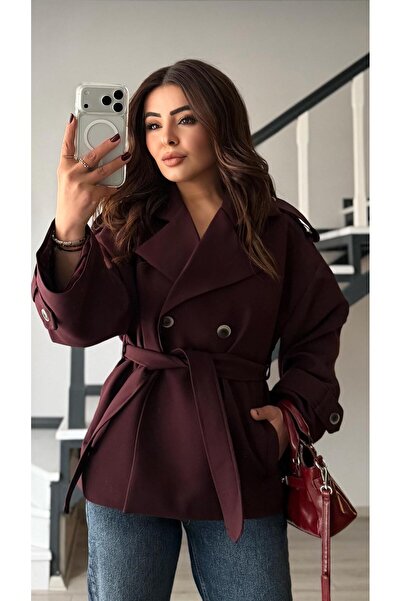 Oslove Burgundy solid texture premium trench coat