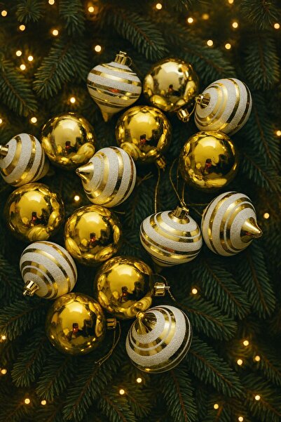 Derin Düşler زينة شجرة عيد الميلاد على شكل كرة ذهبية بيضاء 6 سم عبوة من 16 قطعة