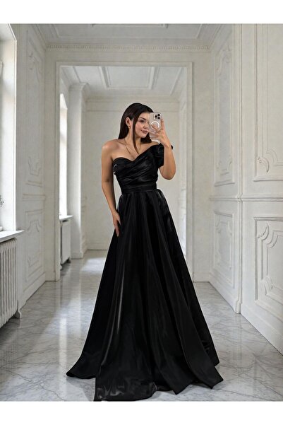 OLA Galya Tek Kol Saten Parlak Siyah Abiye Elbise