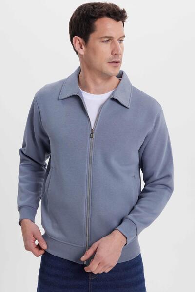 Tudors Unisex Relax Fit Comfortable Cut Cotton Inner Fleece Zippered Gray Polo Neck Flato Pocket Sweatshirt Cardigan