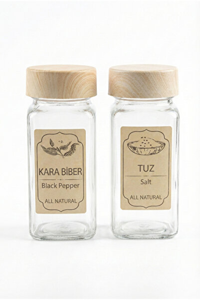 Vienev Set of 2 Square Glass Spice Jars with Wooden Lids and Labels - Salt and Pepper Shaker Set