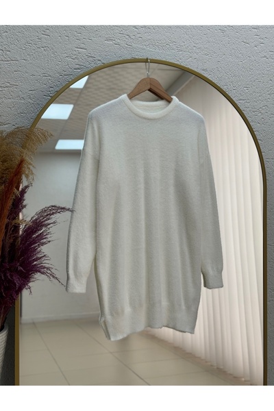 MİHRA STORE Fabiana Side Slit Long Soft Sweater-ZI5255 White