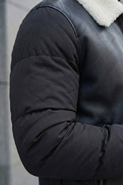 MOVENTO Men's Leather Coat with Puff Sleeve Detail