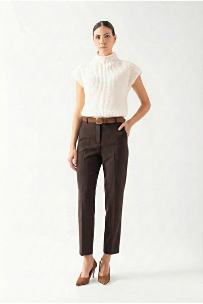 Spazio Furmann Yüksek Bel Deri Kemerli Dar Paça Pantolon KAHVE