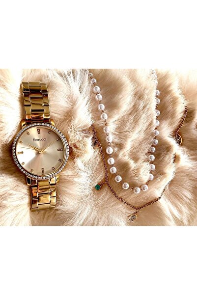 Ferrucci Altın Sarısı Çelik Kasa Kordon Şık Kadın Kol Saat+%100 Çelik İncili ...
