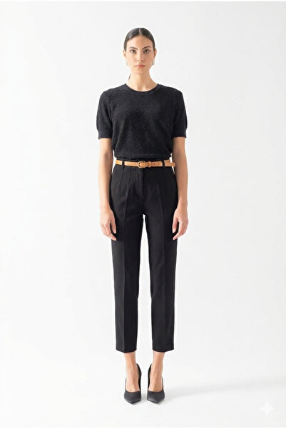 Spazio Furmann Yüksek Bel Deri Kemerli Dar Paça Pantolon SİYAH