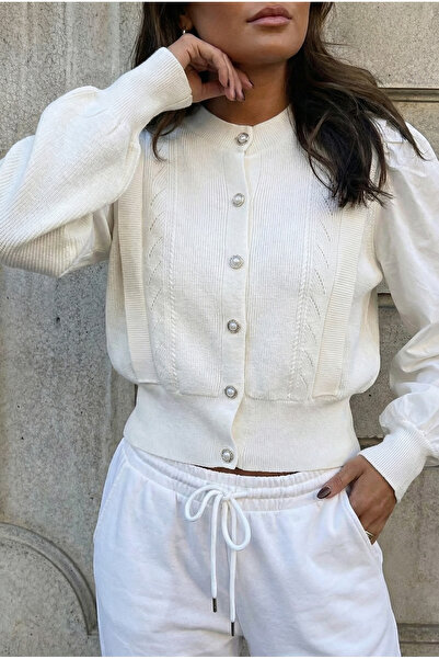 FEMELLE Women's White Knitwear with Knitted Sleeves and Fabric Buttons Cardigan