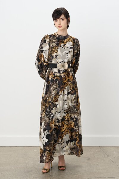 Nihan Kemer Detaylı Jakar Empirme Elbise Ekru