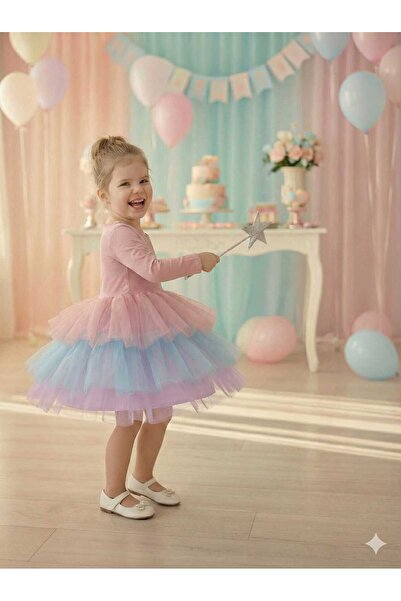 penu baby kids Powder 3 Layers Color Gradient Tulle Skirted Matte Jersey Fabric Lined Long Sleeve Girls Kids Baby Girl Dress