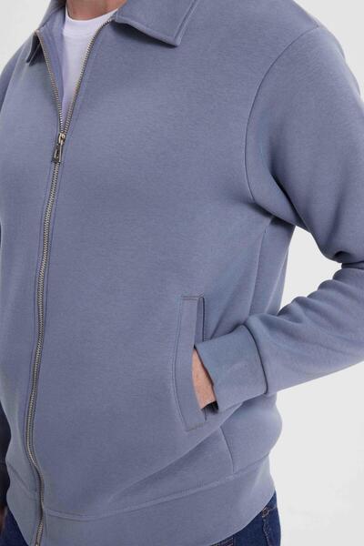 Tudors Unisex Relax Fit Comfortable Cut Cotton Inner Fleece Zippered Gray Polo Neck Flato Pocket Sweatshirt Cardigan
