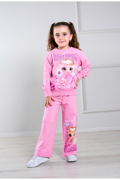 LİLLYPİCCA Girls' 2-Piece Set Ballerina Patterned Sweatshirt and Wide Loose Leg Pants