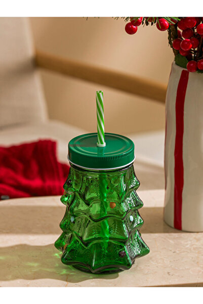 LC Waikiki Green Pine Tree Shaped Glass Cup with Straw