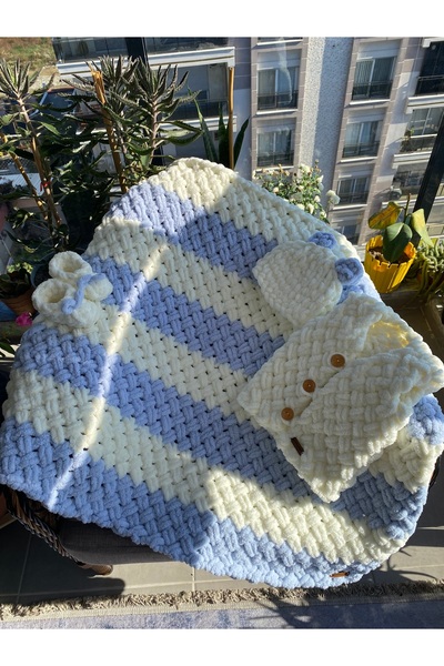 sihirli puffylerim El örgüsü bebek battaniyesi&yelek takımı