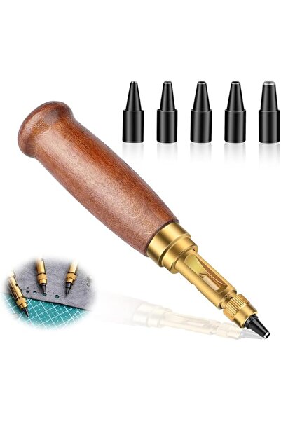 AZONEE أداة ثقب الجلد القابلة للتعديل بمقبض خشبي، 6 رؤوس (1.5 مم - 4 مم)