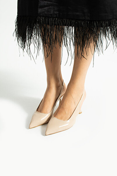 Güllü Shoes Beige Wrinkled Patent Leather Pointed Toe Open Side Strap Thin Heeled Women's Stiletto Evening Dress Shoes