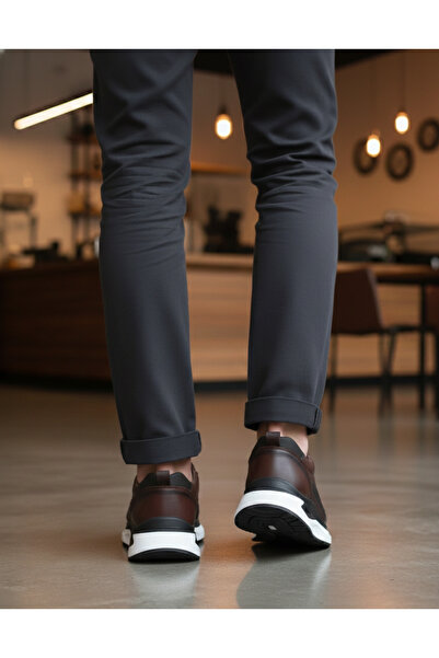 Ata Shoes 4001 Men's Coffee Casual Seasonal Genuine Leather Shoes Light Sole Orthopedic Lace-Up