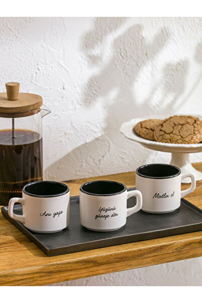 LC Waikiki MG TREND'EN Siyah Baskılı Seramik Kupa Fincan 3'lü