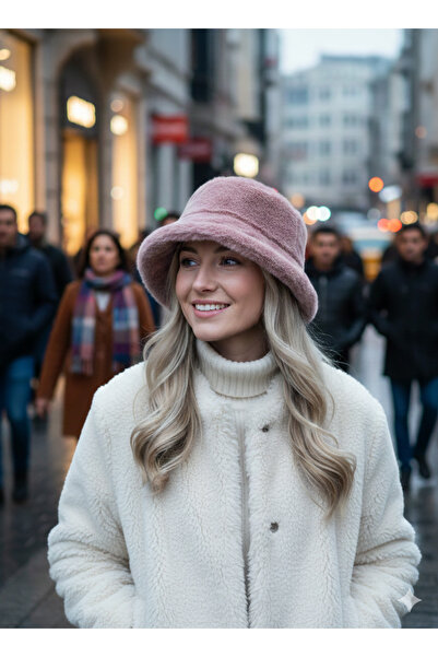 la_hatun Peluş Bucket Pembe Şapka Soğuktan Korur