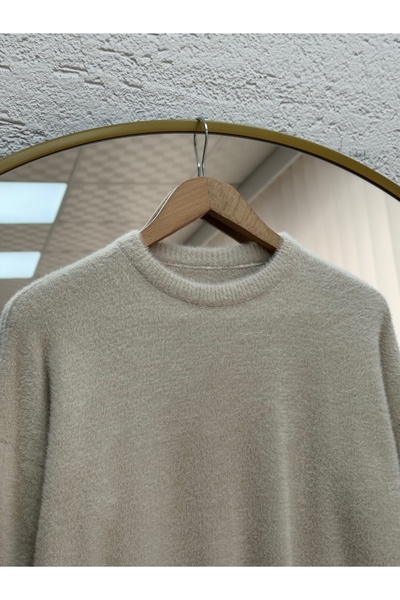 MİHRA STORE Fabiana Side Slit Long Soft Sweater-ZI5255 Stone