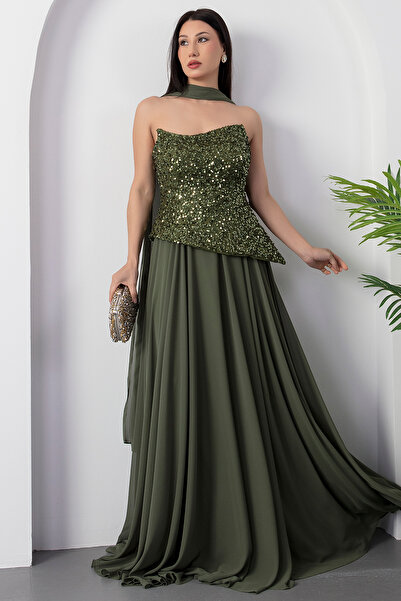 PULLIMM Rochie de seară din șifon, fără bretele, cu paiete, ECR5701