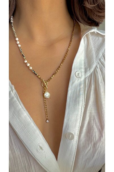 Gigi İnci ve jasper tasarım Çelik kolye