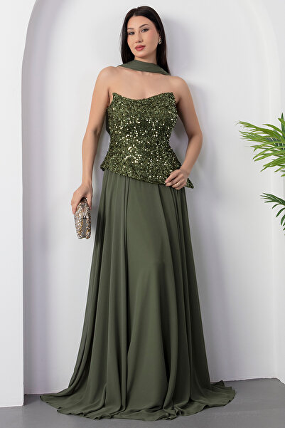 PULLIMM Rochie de seară din șifon, fără bretele, cu paiete, ECR5701