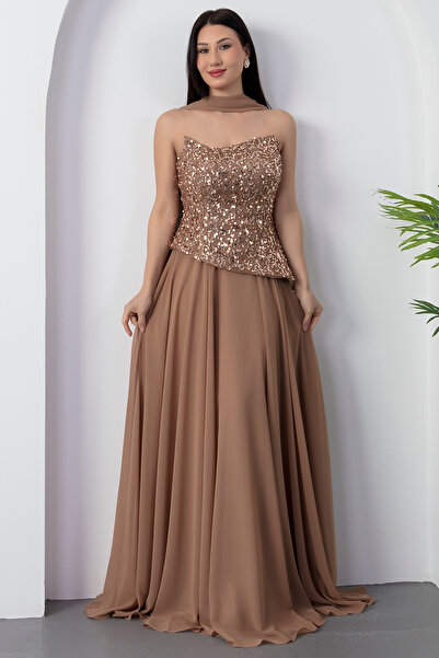 PULLIMM Strapless Neckline Top Sequin Bottom Chiffon Evening Dress Ecr5701