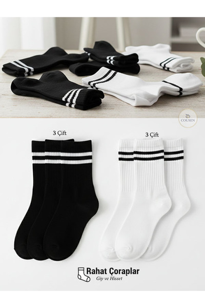 Cousen 3 perechi negre 3 perechi albe șosete unisex pentru colegiu din bumbac...