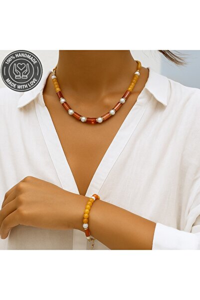 Asteria Elite Pearl Orange Agate Natural Stone Premium Set for Evil Eye Protection and Elegance