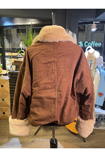 Dadali Women's Long Sleeve Coat with Fur Inside the Collar and Pockets