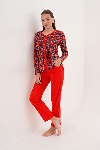Çift Kaplan Kadın Pamuk Modal Ekose Önden Düğmeli Kırmızı Pijama Takımı 7013