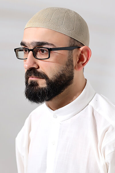 ihvan online Dark Cream Sapphire Lace Detailed Knitted Prayer Cap