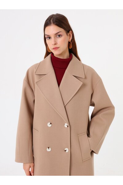 Refka Double-Breasted Off-Shoulder Long Basic Coat with Closure Detail - Beige -