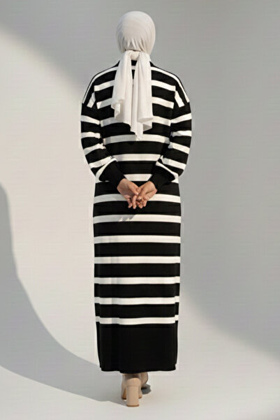 benguen Ριγέ πλεκτό φόρεμα με λεπτομέρεια με κουμπιά στο λαιμό 11031-1 Μαύρο