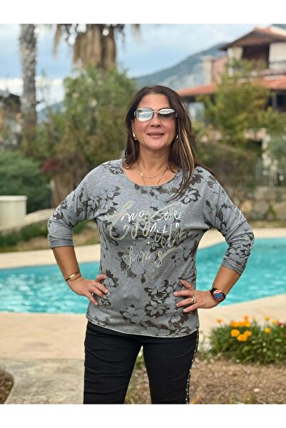 Punta Otantik YG24614 Ιταλική πλεκτή μπλούζα με λουλουδάτο σχέδιο με πέτρες γκρι