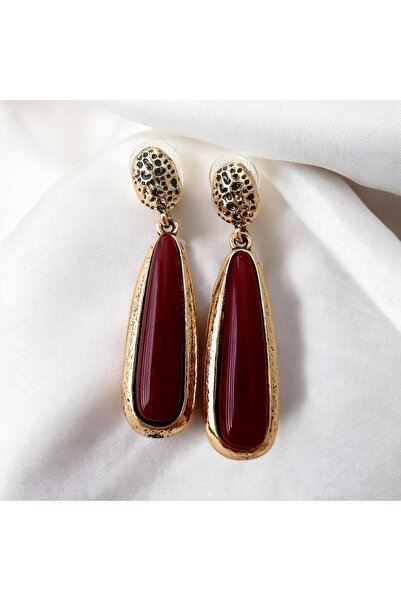 ALS Tasarım Dünyası Burgundy Color Edges Gold Steel Vintage Dangle Model Earr...
