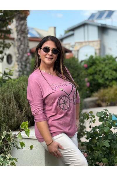 Punta Otantik Yg1095 V-Neck Bicycle Printed Italian Knitwear Blouse Dusty Rose