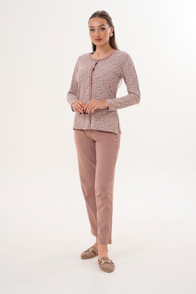 Çift Kaplan Kadın Pamuk Minimal Desen Önden Düğmeli Toprak Pijama Takımı 7034