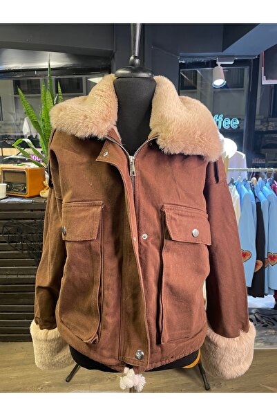 Dadali Women's Long Sleeve Coat with Fur Inside the Collar and Pockets