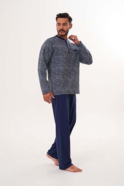 Çift Kaplan Erkek Kırçıllı Patlı Lacivert Pijama Takımı 8014