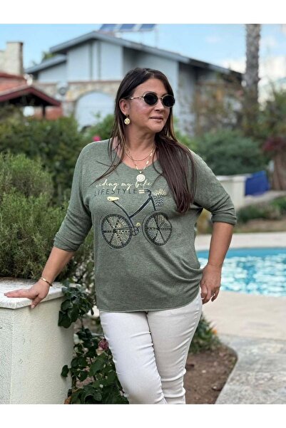 Punta Otantik Yg1095 V-Neck Bicycle Printed Italian Knitwear Blouse Khaki