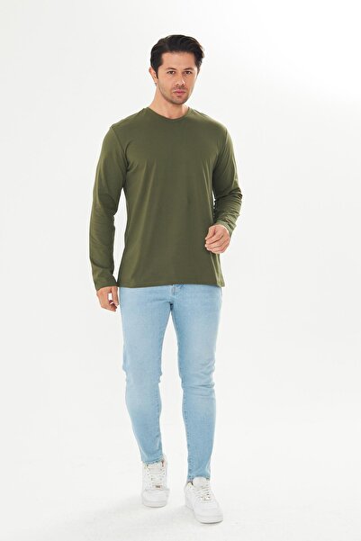 TRENDHİLL Men's Cotton V-Neck Long Sleeve T-Shirt Khaki 5021-H