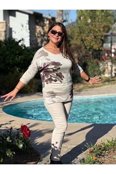 Punta Otantik Yg24615 Floral Patterned Stone Embellished Italian Knit Blouse Cream