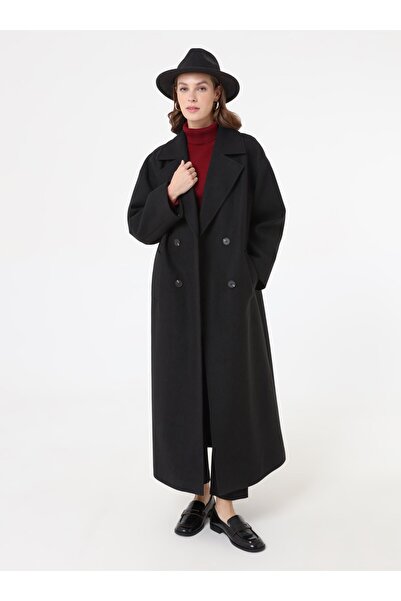 Refka Double-Breasted Off-Shoulder Long Basic Coat with Closure Detail - Black -