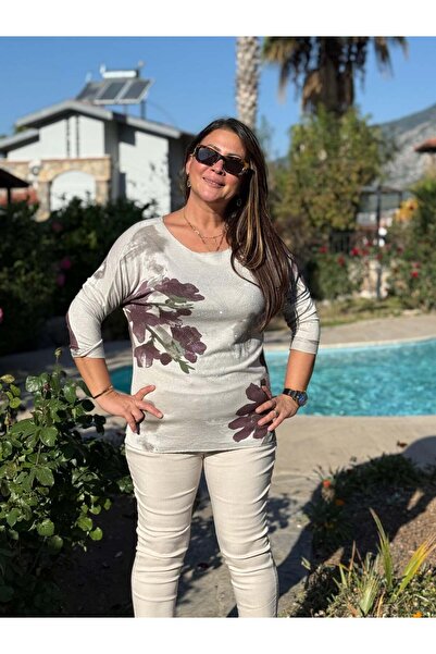 Punta Otantik Yg24615 Floral Patterned Stone Embellished Italian Knit Blouse Cream