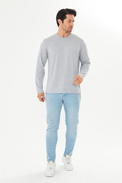 TRENDHİLL Men's Cotton V-Neck Long Sleeve T-Shirt Gray Melange 5021-g