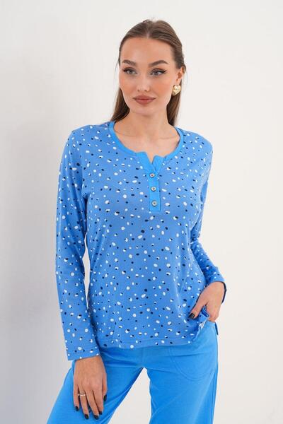 Çift Kaplan Kadın Pamuk Puantiyeli Açık Patlı Mavi Pijama Takımı 7037