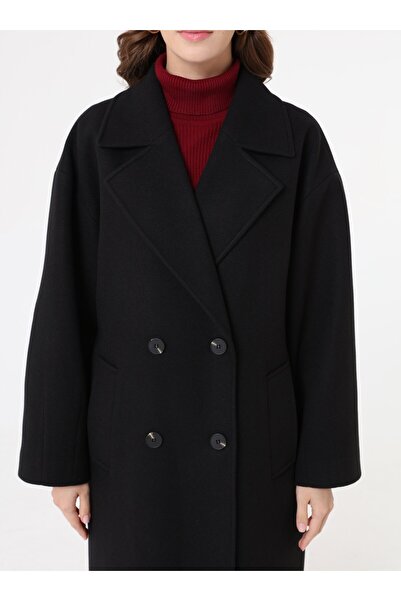 Refka Double-Breasted Off-Shoulder Long Basic Coat with Closure Detail - Black -